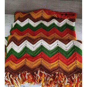 Vintage 1970s Chevron Afghan Throw Fringe Green Orange Yellow Funky Grandma Core
